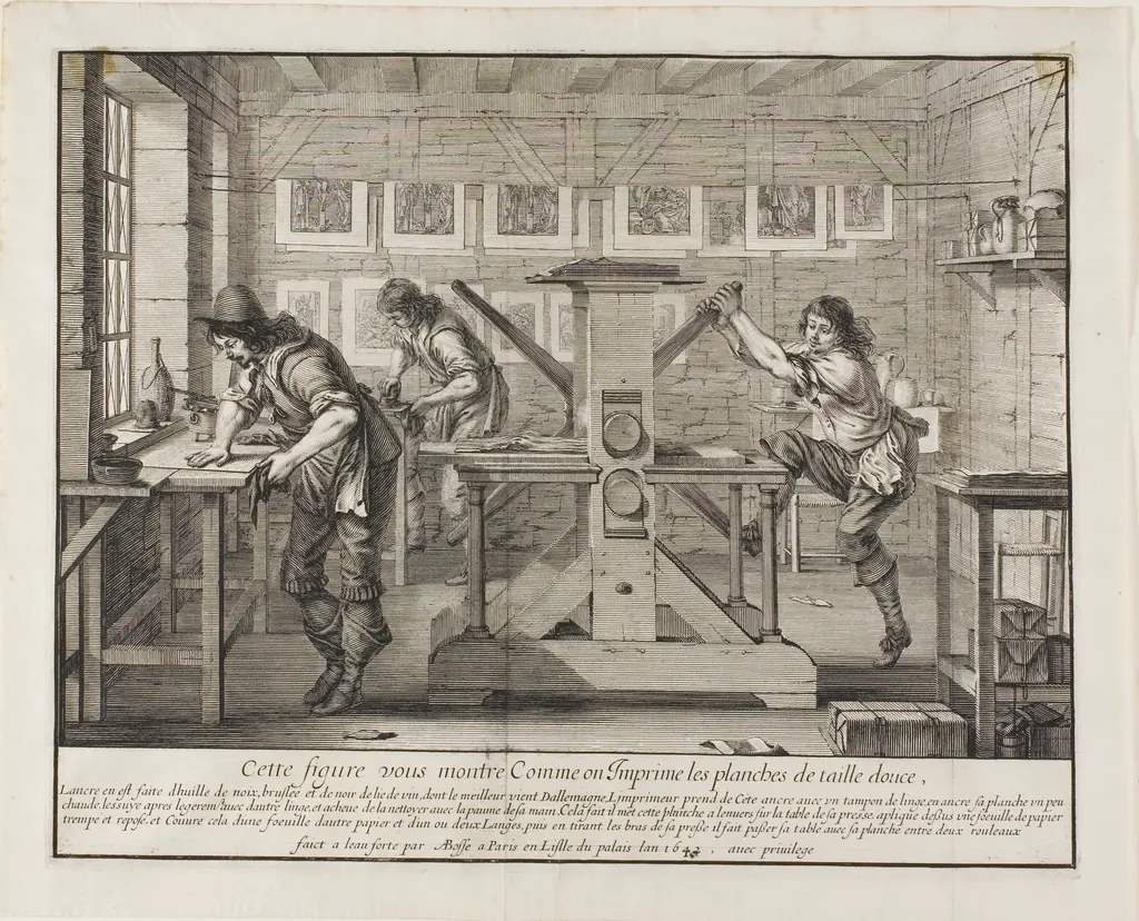 An 18th-century engraving of a printmaker's workshop with a rolling press
